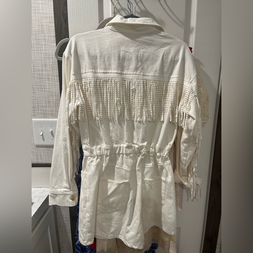 White fringe romper -bridal outfit - with gold buttons and gold on fringe